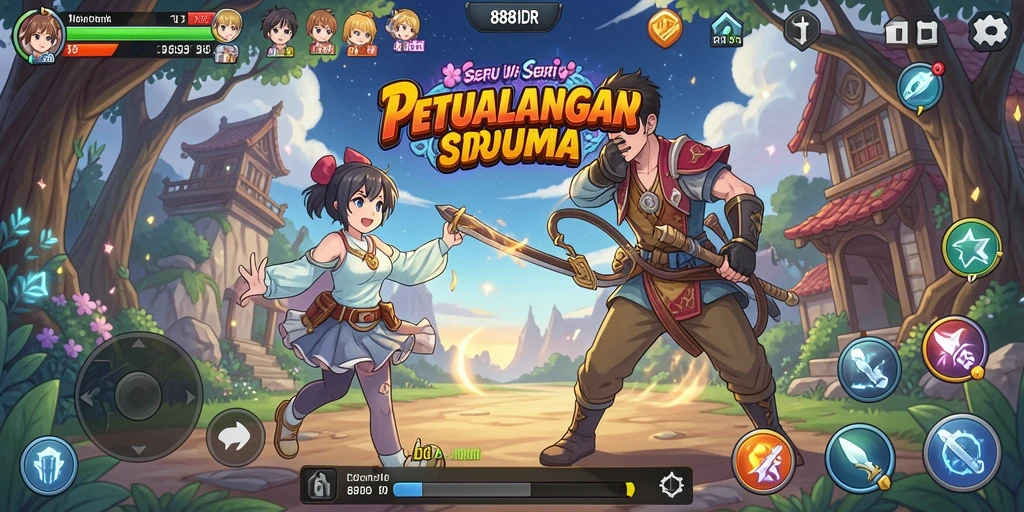 Screenshot utama menunjukkan karakter anime beraksi dalam pertempuran.