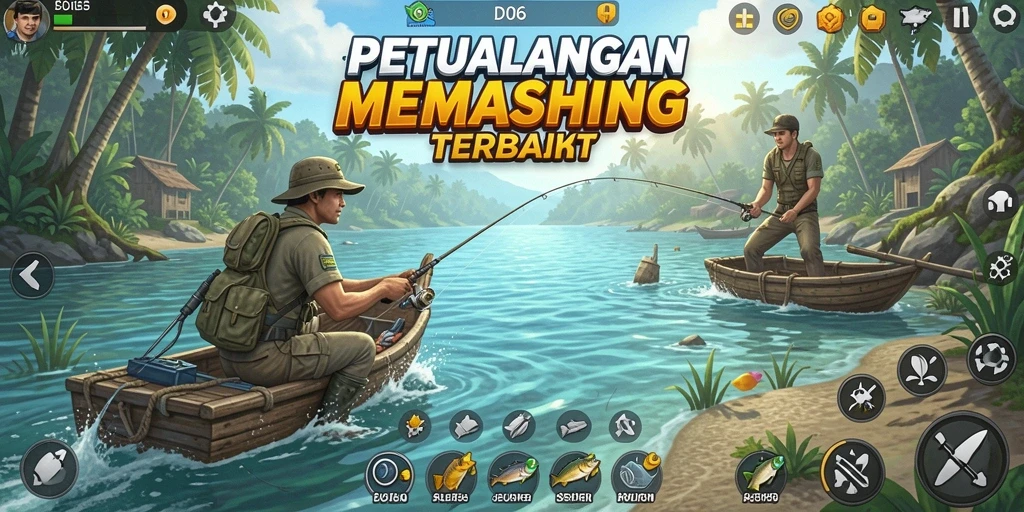 Screenshot utama D06 menampilkan pemain saat memancing di danau yang indah.