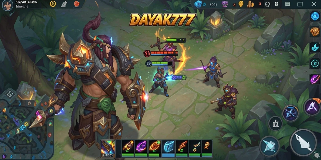 Screenshot utama DAYAK777 menampilkan pertarungan seru antarhero dalam pertempuran MOBA.