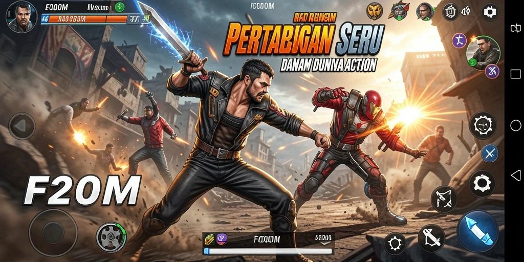 Screenshot F200M menampilkan aksi seru dalam pertarungan.