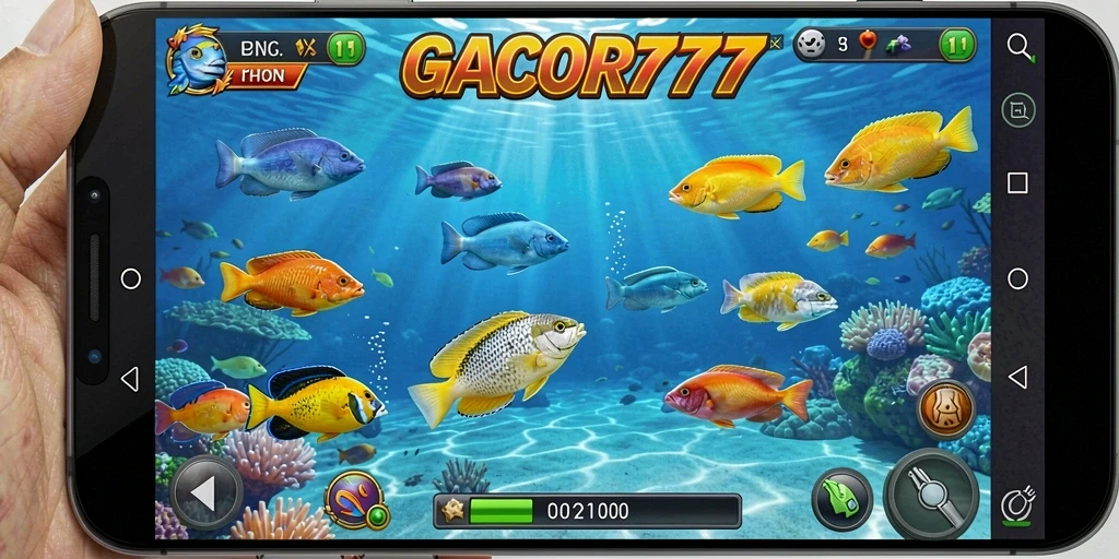 Screenshot utama GACOR777 menampilkan aksi seru Tembak Ikan.