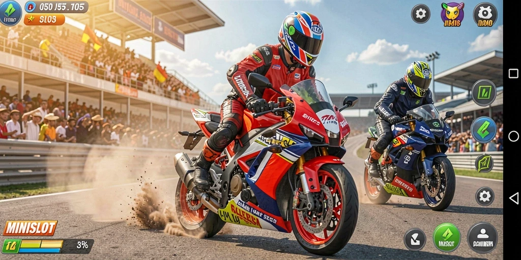 Screenshot gameplay MINISLOT dengan balapan motor yang mendebarkan.