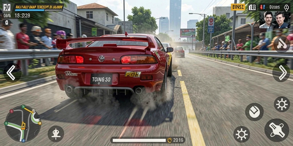 Screenshot PG11 menampilkan aksi balapan seru dengan mobil melaju kencang di lintasan.