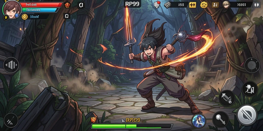 Screenshot gameplay RP99 menampilkan pertarungan karakter Anime yang dinamis.
