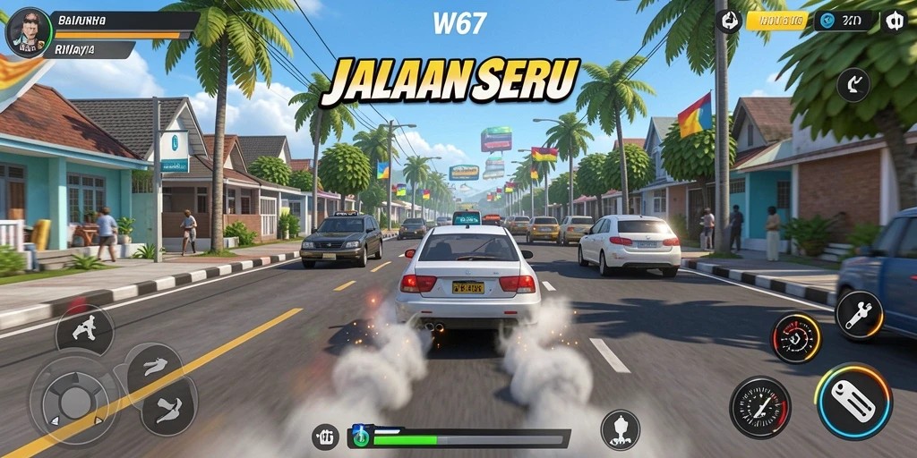 Screenshot menunjukkan balapan seru dengan mobil cepat dan trek menantang.