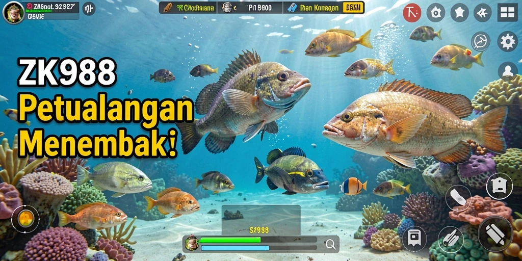 Screenshot ZK988 menampilkan aksi menembak ikan yang seru.
